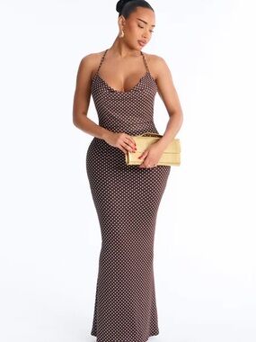 BNWT Brown Polka Dot Halter Maxi Dress